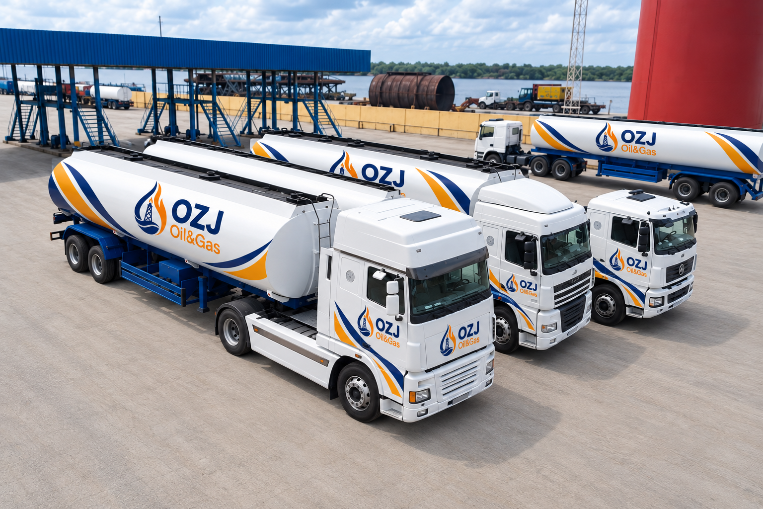 OZJ Oil & Gas branded tanker fleet at a port facility